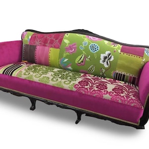 Antique French Provincial Sofa Upcycled in  Designers Guild Fabrics in Pink and Green Velvet and Printed Cotton From Jane Hall Design