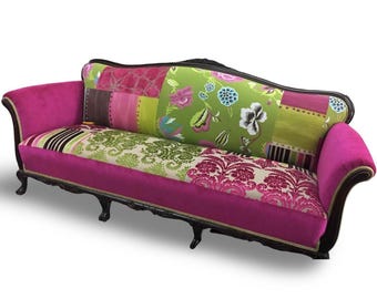 Upcycled 1920s Vintage Sofa: Designers Guild Pink & Green Velvet