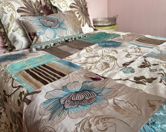 Designers Guild Bed Quilt: Blue, Brown Taupe, Silk, Velvet, Linen, Fabrics from Jane Hall Design