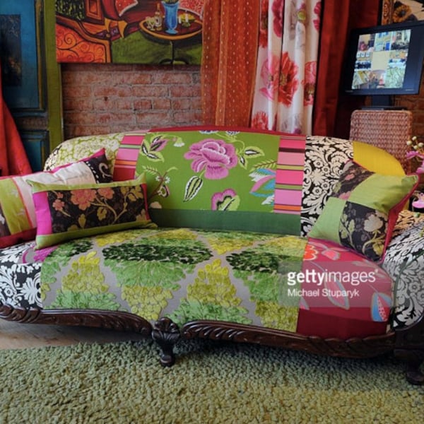 Boho Style, Upcycled, Upholstered, 1920s Vintage Sofa Repurposed in Designers Guild Fabrics, by Jane Hall Design