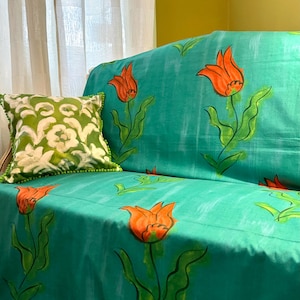 Designers Guild Fabric- Emerald Green and Orange Printed Cotton Curtain Fabric, From Jane Hall Design