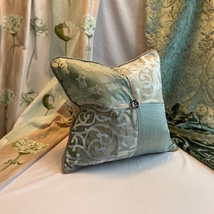 22”x 22” Osborne and Little, Designers Guild, Quilted Decorative Pillow Cover, in Blue and Taupe Silk and Velvet Fabrics