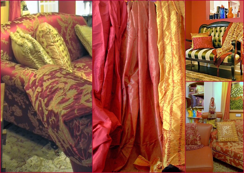 May include: A red and gold patterned sofa with pillows and a red and gold patterned throw blanket. The sofa is in a room with red and gold curtains.