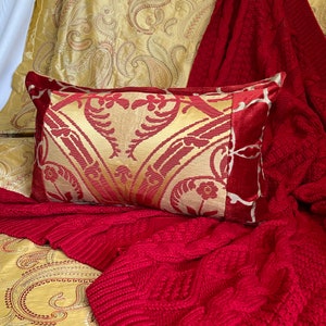 24”x 14” Pierre Frey, Decorative Pillow Cover, Red and Gold Woven and Embroidered Silk and Cut Velvet Fabrics, Jane Hall Design