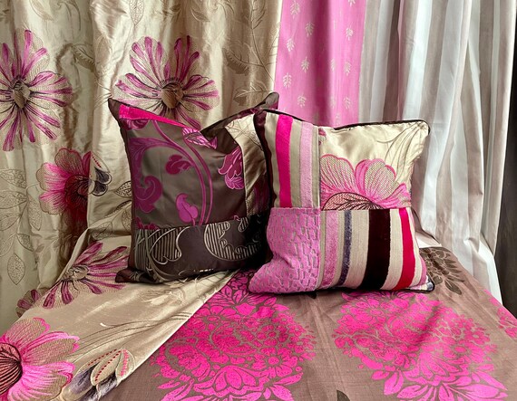 デザイナーズギルド 枕カバー：ピンク＆チョコレートベルベットシルク