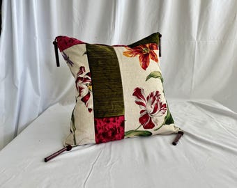 Designers Guild Velvet, and Pierre Frey, Linen Print, Decorative Pillow Cover, Burgundy, Green and Beige Fabrics, 20”/20”, Jane Hall Design