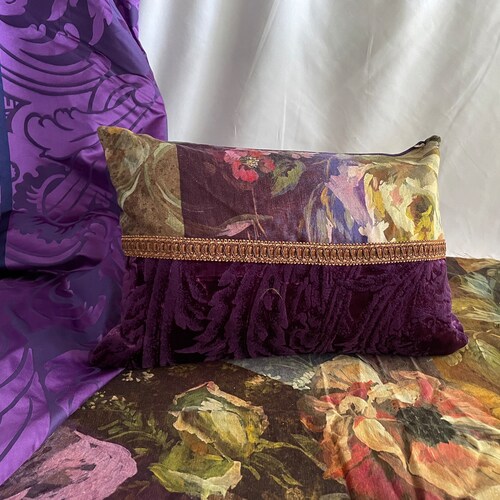 Designers Guild “Minakeri Rosewood” 14”/20” shops Bohemian Style, Decorative Pillow Cover, Purple and Copper Printed Linen, Velvet, Bullion Trim