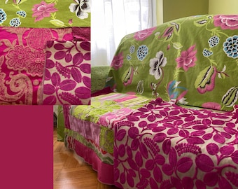 May include: A patchwork sofa cover with a green floral pattern and pink velvet accents. The cover is made of different fabrics, including a pink floral print, a green floral print, and a pink velvet fabric with a leaf pattern.
