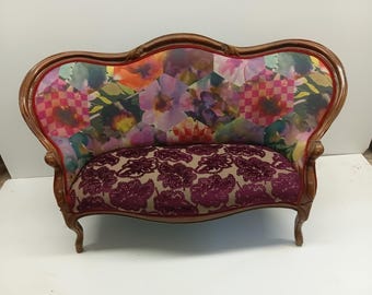 Antique Victorian Settee- Designers Guild- Upcycled- in Orange Copper Magenta, Printed Linen-Cut Velvet Fabrics, By Jane Hall Design