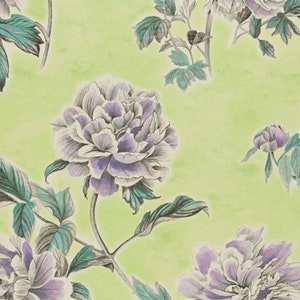 Designers Guild "Kaori" Green and Purple Printed Cotton Fabric, Floral Pattern From Jane Hall Design