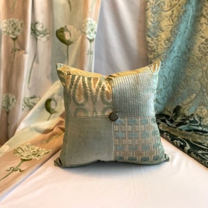 20”/20” Osborne and Little, Designers Guild, Quilted Decorative Pillow Cover, in Mineral Green and Taupe Woven and Velvet Fabrics