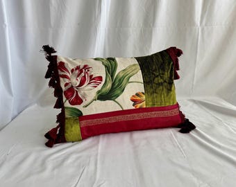 Designers Guild Velvet, and Pierre Frey, Linen Print, Decorative Pillow Cover in Burgundy, Green and Beige Fabrics, 14”/20” Jane Hall Design