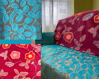 Upcycled Antique Loveseat, Designers Guild- “Calaggio “ Velvet Weave- Printed Cotton Duck- Magenta- Turquoise Fabrics- From Jane Hall Design