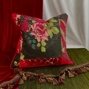 22”/22” Designers Guild, Jane Churchill Ave, Pillow Cover, Black Green and Red, Printed Floral and Cut Velvet Fabric, By Jane Hall Design