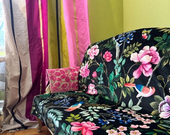 Designers Guild "Porcelain de Chine-Fuchsia” Printed Velvet Fabric, Black, Pink and Green, From Jane Hall Design