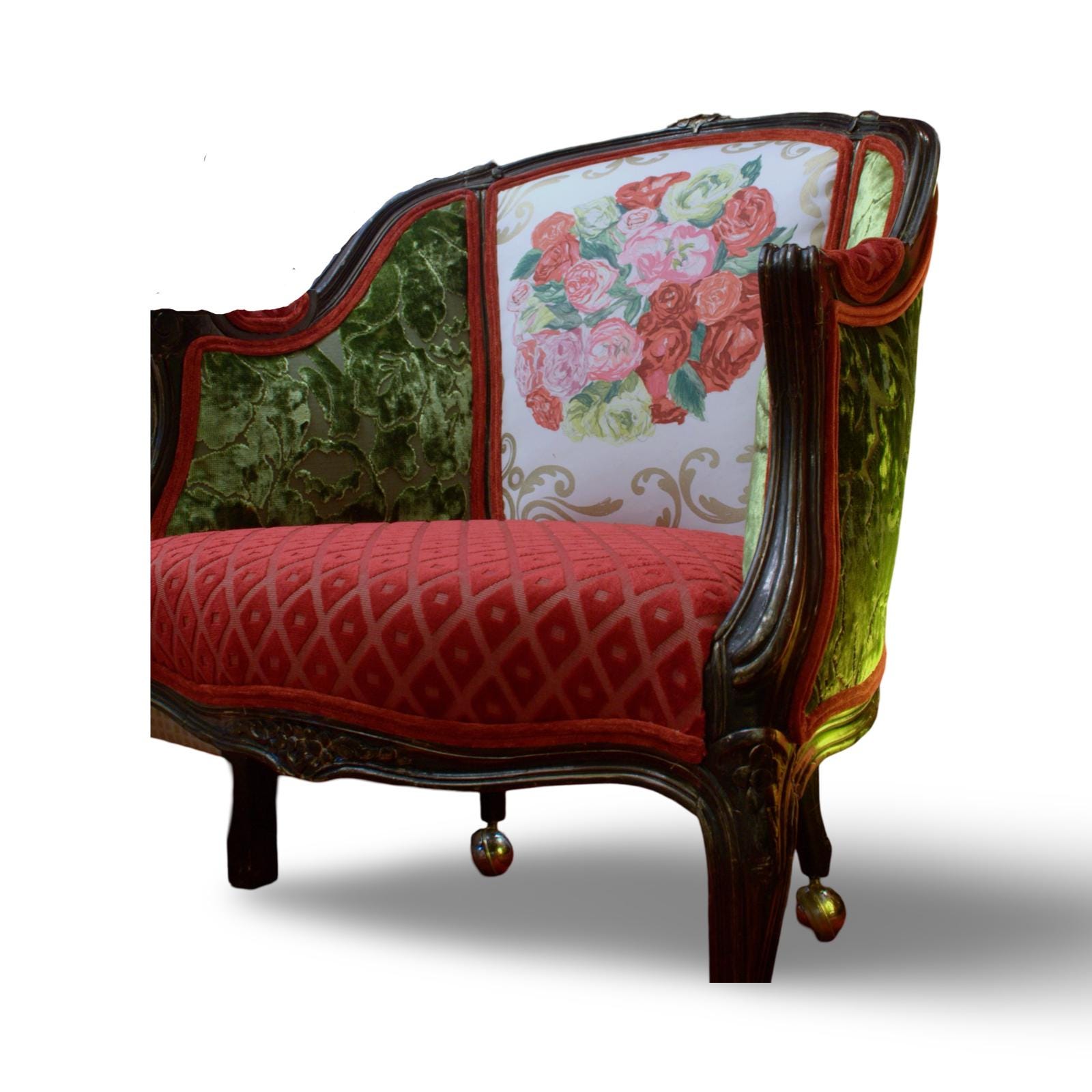 Designers Guild-Upcycled-Upholstered Armchair-Bohemian Style "Florimund" Printed Cotton- Cut Velvet Fabrics-Jane Hall Design