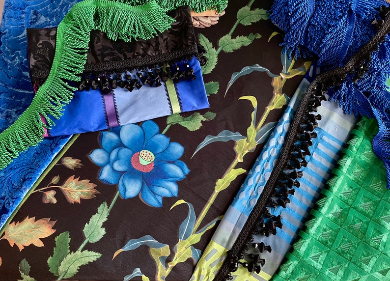 Christian LaCroix-Designers Guild Fabric, "Selam-Jais” Sapphire Blue, Black-Floral Pattern-Printed Silk-Jane Hall Design image 4