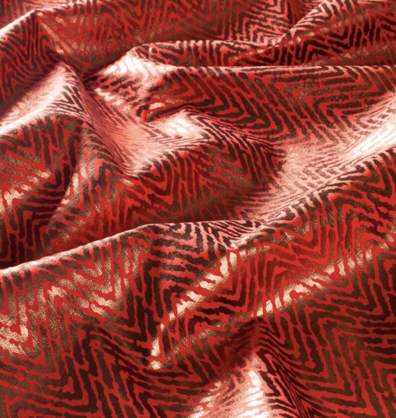Jab Terracotta and Metallic gold Printed Linen Fabric,Herringbone Pattern From Jane Hall Design