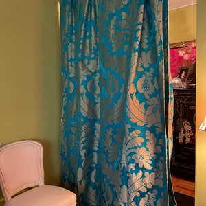 Designers Guild “Campanile”, Custom Made Curtains, Roman  Blinds, in Turquoise and Gold, Damask Pattern From Jane Hall Design