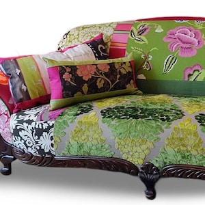Canapé vintage des années 1920 recyclé : tissus Boho Designer Guild