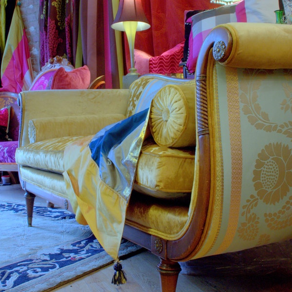 Upcycled, Upholstered,Antique Regency Style Settee, Repurposed In Gold and Blue ,Designers Guild Velvet and Silk, By Jane Hall Design