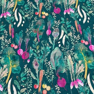 May include: A teal blue fabric with a watercolor pattern of vegetables and greenery. The pattern includes carrots, radishes, beets, and leafy greens.