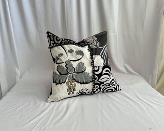 Designers Guild Boho Style, Dekokissenbezug, Schwarz-Weiß, Blumenmuster mit Samt, Jane Hall Design (50,8 cm x 50,8 cm)
