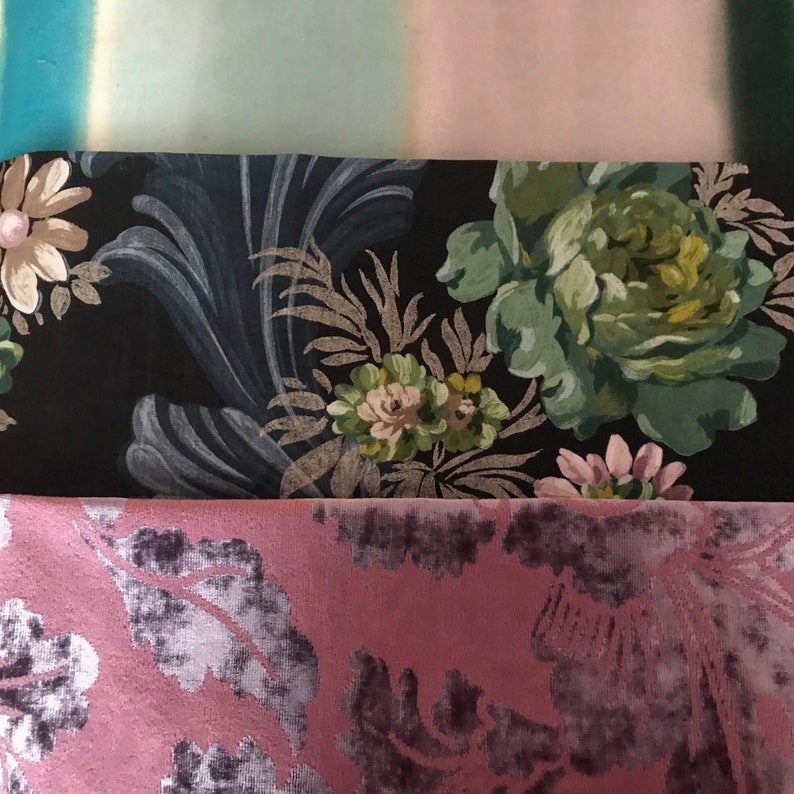 Midnight Blue Green Printed Linen and Cut Velvet Fabric Mauve Quilted Decorative Pillow Cover 20\u201dx 14\u201d Designers Guild Romantic Style