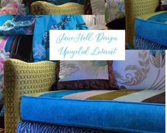 Upcycled, Upholstered, 1940's Turquoise Blue, Spring Green, Repurposed, Vintage Loveseat, Designers Guild Fabrics