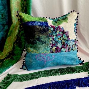 18”/18” Designers Guild “Sudara Lino-Azure” Kasav Purple, Blue, Green Printed Linen and Cotton Decorative Pillow Cover From Jane Hall Design