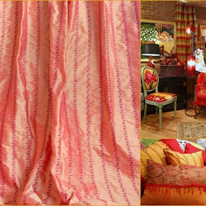 May include: A collage of images featuring various red and orange patterned fabrics. The fabrics are shown in different settings, including a living room with furniture and a close-up of the fabric.
