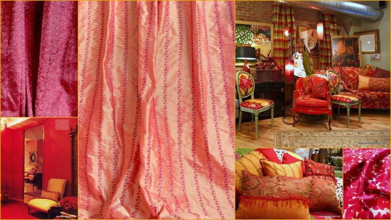 May include: A collage of images featuring various red and orange patterned fabrics. The fabrics are shown in different settings, including a living room with furniture and a close-up of the fabric.