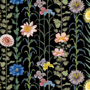 May include: A seamless pattern featuring a variety of colorful flowers and foliage on a black background. The flowers include irises, daisies, and passionflowers. The foliage is green and lush.