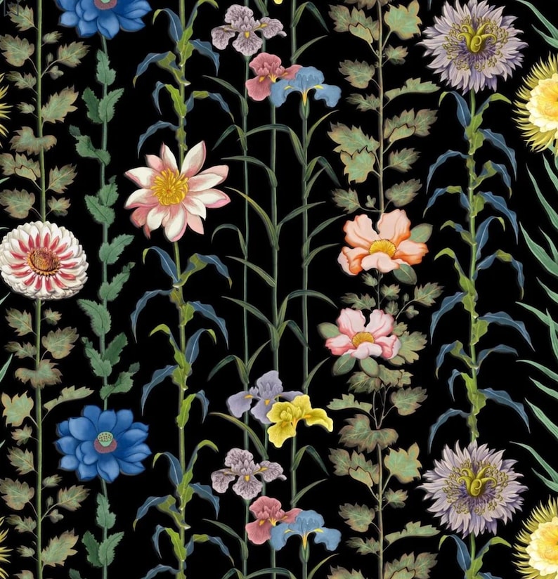 May include: A seamless pattern featuring a variety of colorful flowers and foliage on a black background. The flowers include irises, daisies, and passionflowers. The foliage is green and lush.