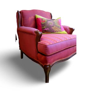Upcycled, Upholstered, French Provincial Arm Chair In Magenta And Orange Upholstery Fabrics, from Jane Hall Design