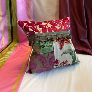 18”x 18” Designers Guild “Greville” ” Velvet and Pierre Frey Printed Linen, Embroidered Silk, Decorative Pillow Cover in Burgundy, Green