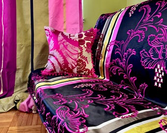Designers Guild - Pink, Black Embroidered Silk Satin-Home Decor- Upholstery Fabric,  From Jane Hall Design