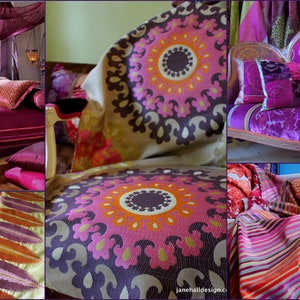 May include: A collage of images showcasing home decor items in shades of purple, pink, and orange. The images include bedding, pillows, and upholstery with floral and geometric patterns. The overall theme is a vibrant and luxurious interior design.