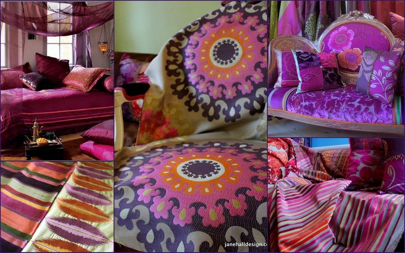 May include: A collage of images showcasing home decor items in shades of purple, pink, and orange. The images include bedding, pillows, and upholstery with floral and geometric patterns. The overall theme is a vibrant and luxurious interior design.
