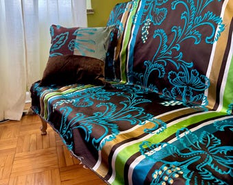 Designers Guild, Turquoise, Green, Brown-Embroidered Silk Satin-Home Decor- Upholstery Fabric,  From Jane Hall Design