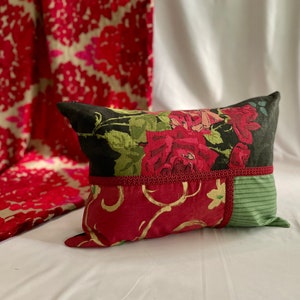 20”x 14” Designers Guild, Jane Churchill Ave, Pillow Cover, Black Green and Red, Printed Floral and Cut Velvet Fabric, By Jane Hall Design