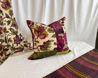 Decorative Pillow Cover, Designers Guild Velvet, Sanderson Printed Linen, Burgundy Green Oatmeal, 20”/14”, From Jane Hall Design