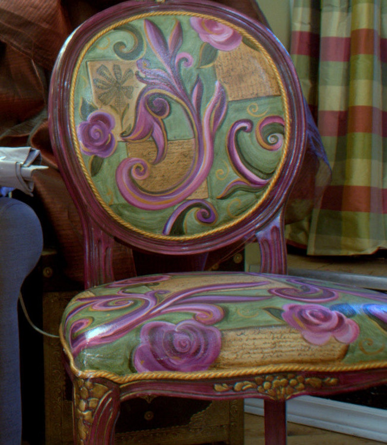 Hand Painted, Upholstered Dining Room Chair ,bohemian Style, Purple