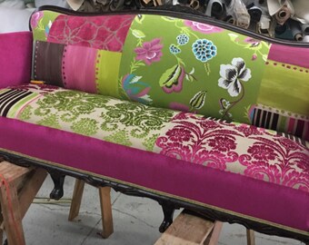 Designers Guild-Boho Style, Upcycled, Upholstered- 1920s Vintage Sofa- Pink and Green-Velvet- Printed Fabrics- by Jane Hall Design