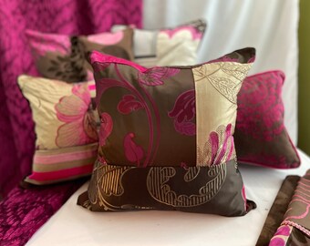 デザイナーズギルド 枕カバー：ピンク＆チョコレートベルベットシルク