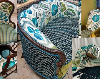 Bohemian- Upcycled- Upholstered, Teal Blue- Emerald Green- Embroidered Linen-Cut Velvet Fabrics, By Jane Hall Design