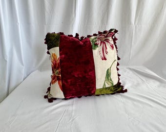 Designers Guild Velvet, and Pierre Frey, Linen Print, Decorative Pillow Cover in Burgundy, Green and Beige Fabrics, 18”/18”,Jane Hall Design
