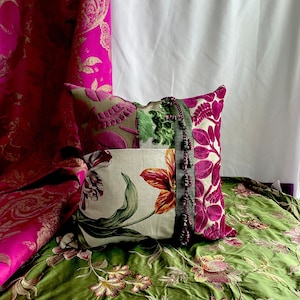 18”x 18” Designers Guild “Greville” ” Velvet and Pierre Frey Printed Linen, Decorative Pillow Cover in Burgundy, Green and Beige Fabrics