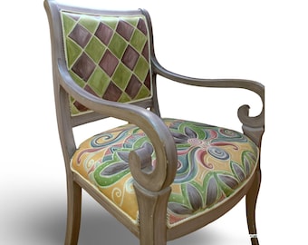 Hand Painted-Bohemian Style, Upholstered Bergere Chair- Designed And Painted by Jane Hall Design