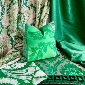 18”x 18” Designers Guild &quot;Asku&quot; Bohemian Style, Decorative Pillow Cover in Emerald Green, Printed Cotton, Cut Velvet, by Jane Hall Design
